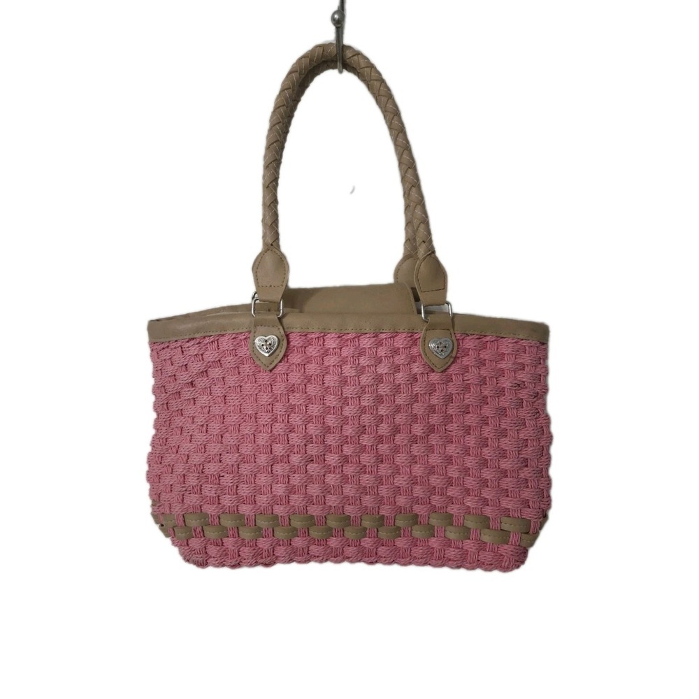 Vintage Fabric Lined Woven Shoulder Handbag Purse Tote Pink Brown 14" x 8"